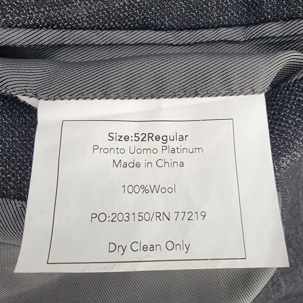 Pronto Uomo Platinum Mens 52R Charcoal Grey Windowpane 100% Wool 2-Vent Blazer